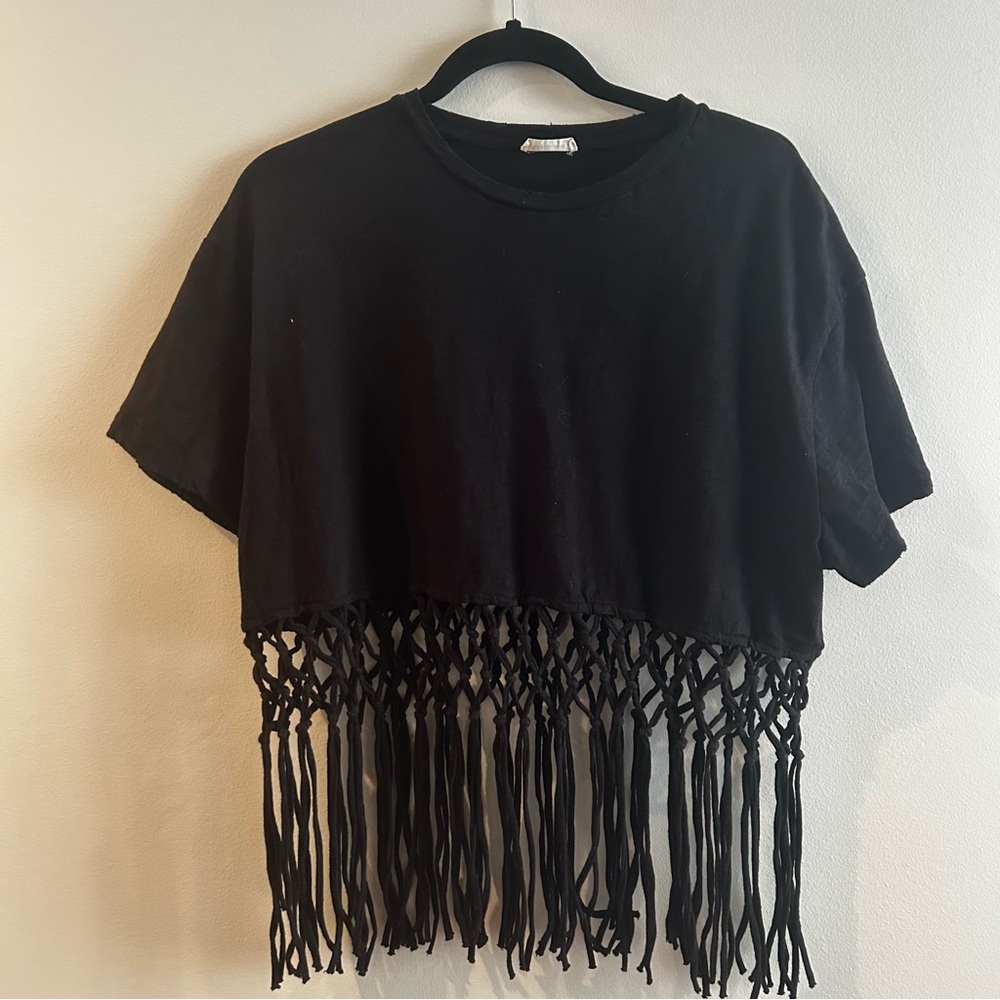 Miss Me Black Macrame Fringe Crop Top Women Top | size small